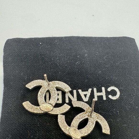 Chanel CC Enamel Glitter Silver Tone Stud Earrings - Picture 7 of 10